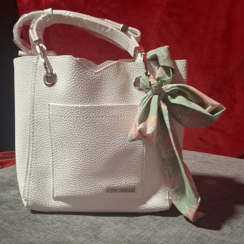 Steve Madden White Shoulder Bag with Green Floral Scarf